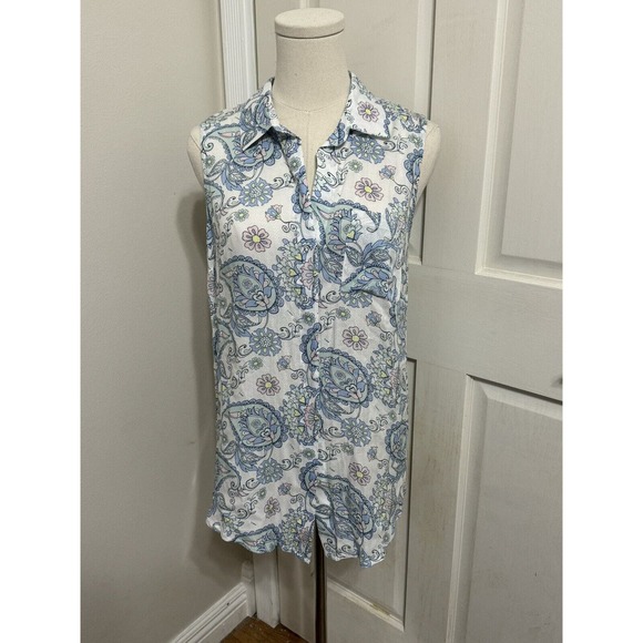 Tribal Jeans Paisley Shirt Top Sleeveless Blue White Floral Print Size Petite Sm - Picture 1 of 5